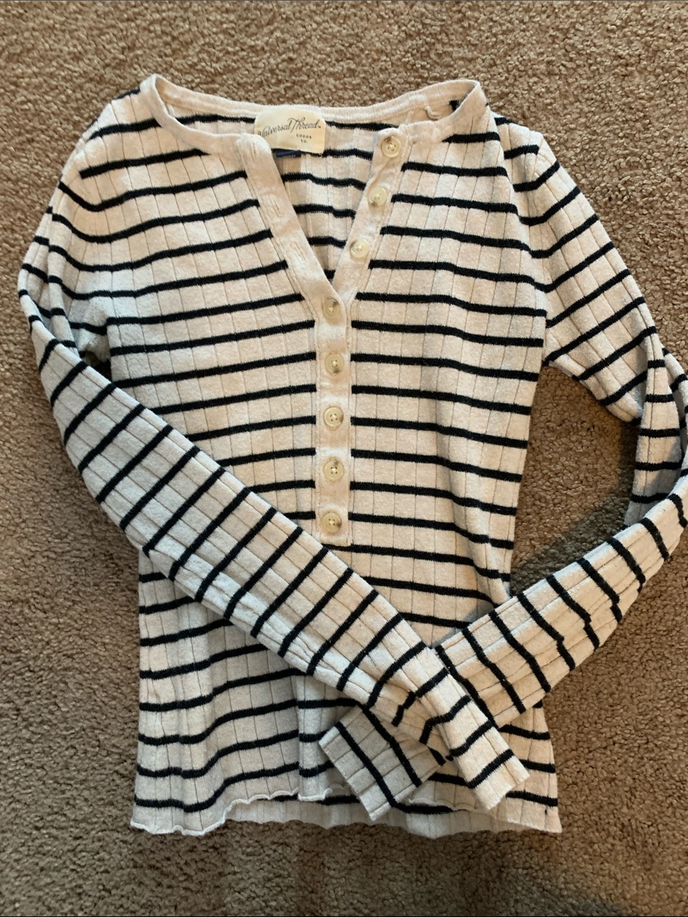 Universal Thread Cream and Black Striped Henley Long Sleeve Top